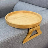 Wooden sofa armrest accessory with circular tray and clip-on design for eco-friendly homes